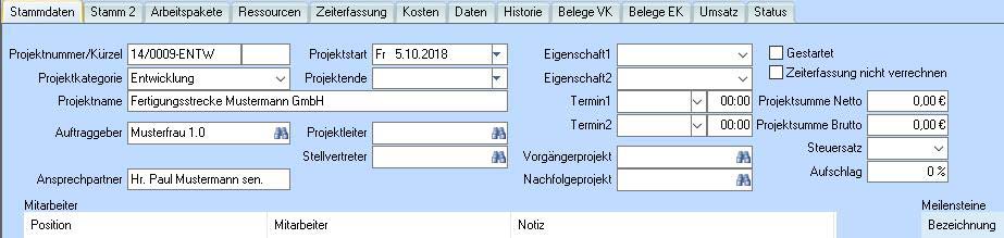 Stammdaten im Datensatz Projekt