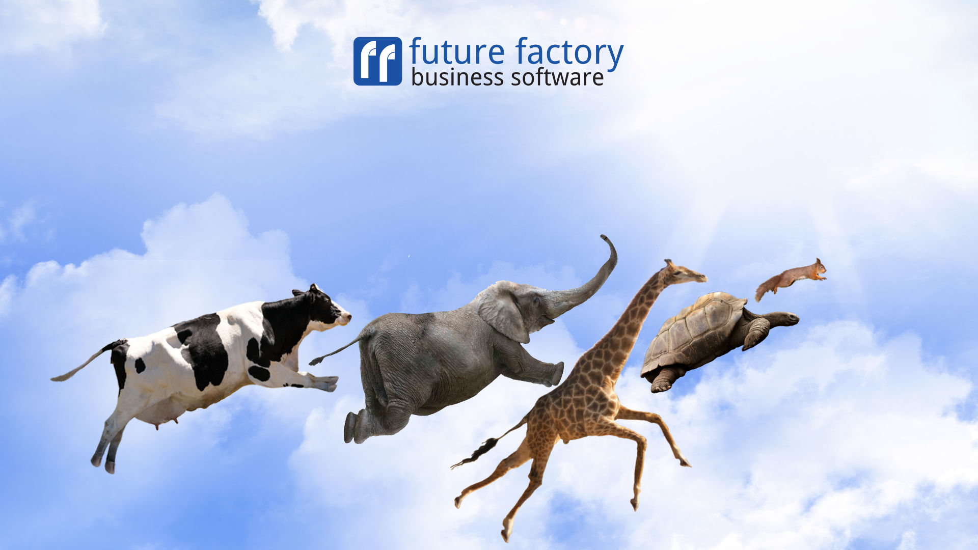 Future Factory Logo vor blauem Himmel mit hellen, aufgelockerten Wolken und fliegenden Tieren: Elefant, Giraffe, Kuh, Schildköte und Eichkätzchen.