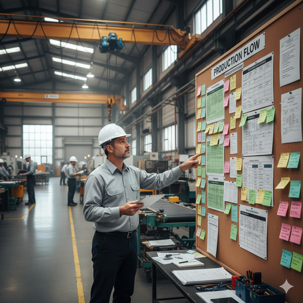 Produktionsleiter in Fertigungshalle vor Tafel mit Produktionsplanung.