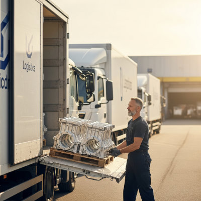 Maschinenbauteile werden zur Auslieferung in einen LKW verladen.