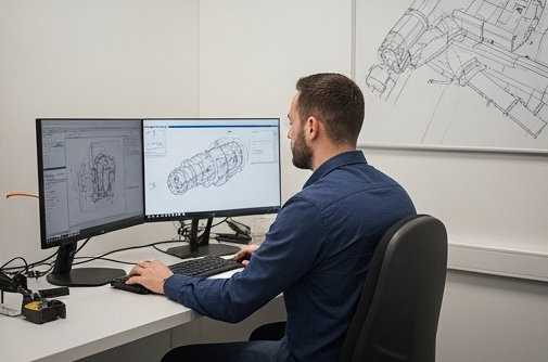 Junger Mann sitzt am Computer, um die Produktion zu planen.