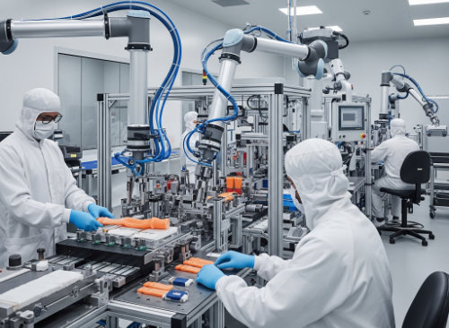 Medizintechnische Mitarbeiter in einem Produktionsraum