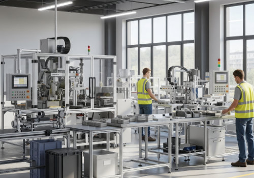 Moderne Produktionshalle. Zwei Mitarbeiter fertigen Teile.
