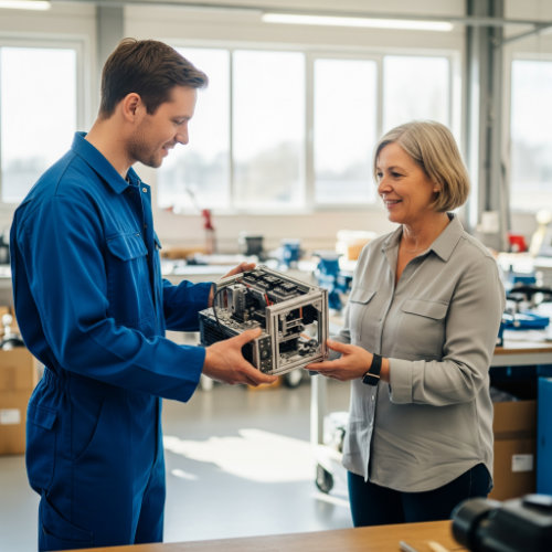 Das Bild zeigt die Übergabe eines speziell angefertigten elektronischen Bauteils vom Techniker an die Kundin.