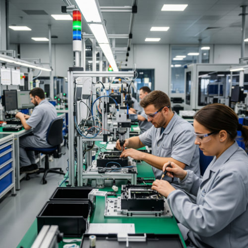 Mitarbeiter bei der diskreten Produktion von elektronischen Geräten