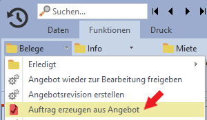 screenshot "Auftrag aus Angebot erzeugen" - ERP-Software
