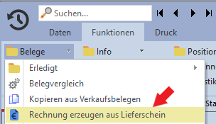 screenshot "Rechnung aus Lieferschein erzeugen" - ERP-Software
